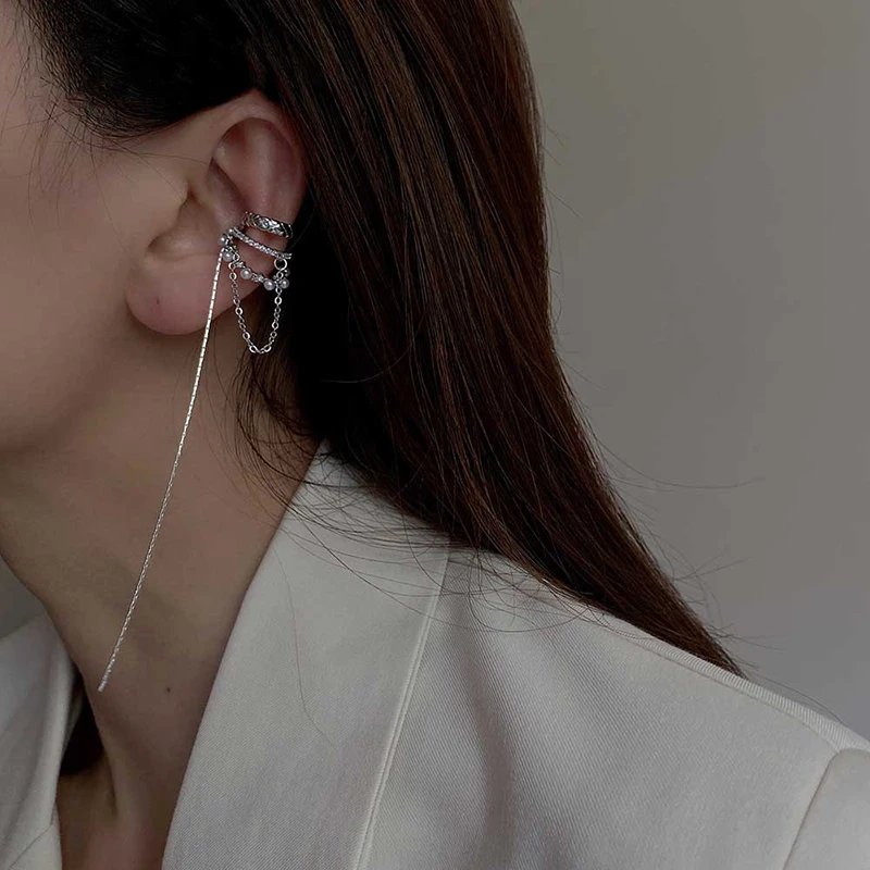 الفاخرة متعدد الطبقات أقراط مشبكية للنساء هندسية لامعة الزركون اللؤلؤ الأذن العظام لا مثقوب سلسلة طويلة شرابة القرط