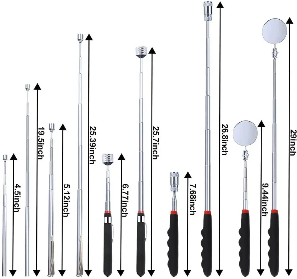 Telescópica ferramenta de captação magnética 1.5lb/ 3.5lb/10lb, 8lb com luz led, espelho redondo da inspeção para ver o ângulo morto do recolhimento