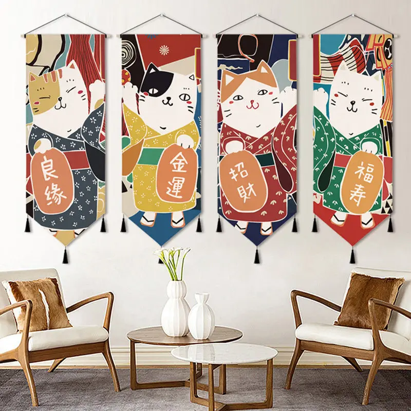Japanese Poster Canvas Art Scroll Painting Pictures Anime Lucky Cat Hang Wall Tapestry with Tassels Home Living Room Decoration
