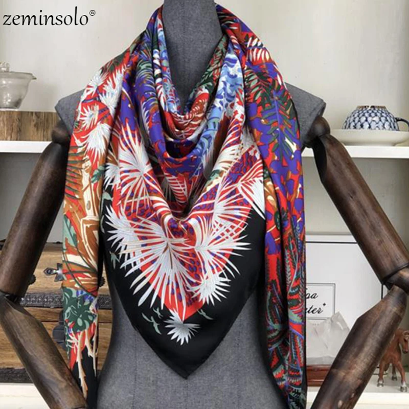 100% Twill Silk Square Scarf Women Scarves Shawls Floral Print Neckerchief 130*130cm Bandana Satin Female Foulard Scarf Fashion