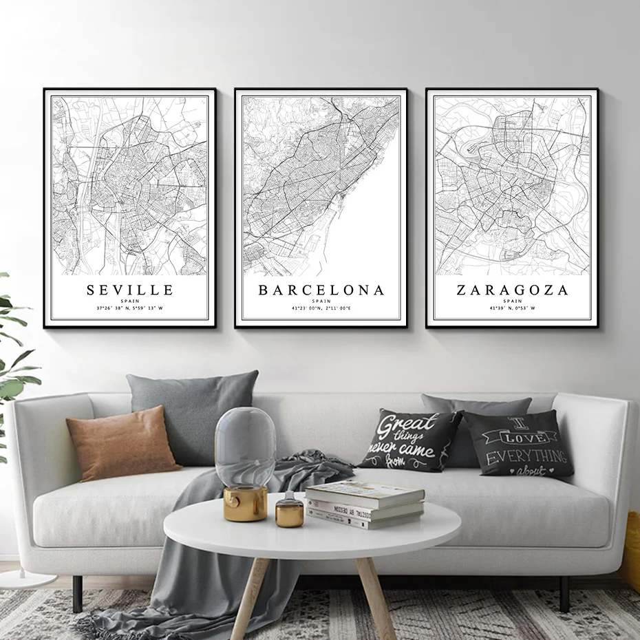 Spain City Map Barcelona Madrid Malaga Seville Valencia Zaragoza Posters Canvas Paintings Wall Art Prints Home Interior Decor