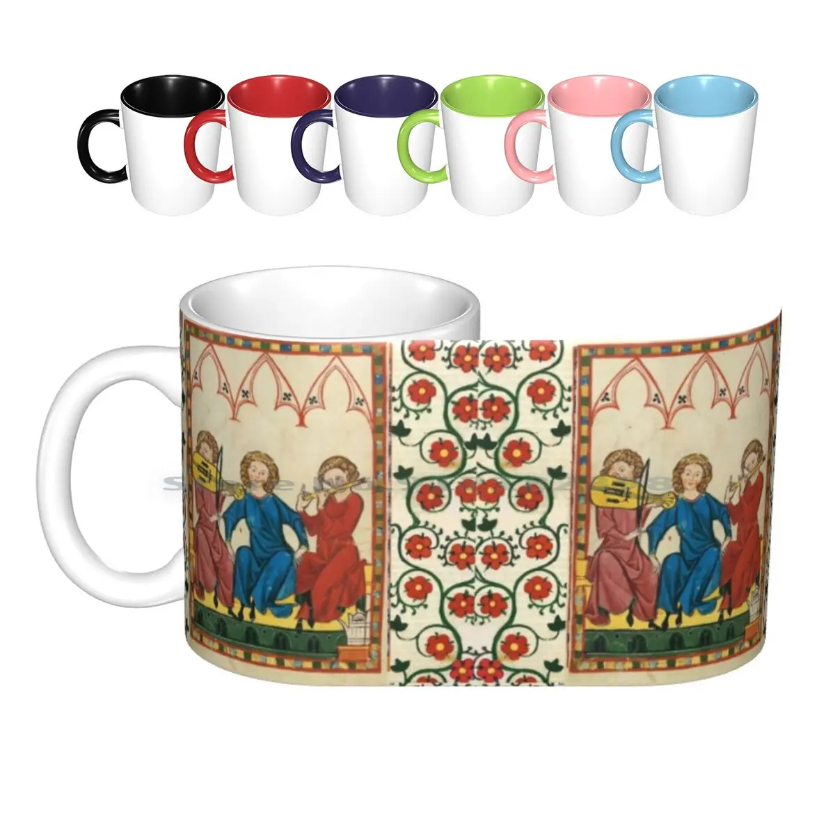 Medieval Music And Musicians , Antique Miniature With Wild Roses Ceramic Mugs Coffee Cups Milk Tea Mug Music Medieval Musicians