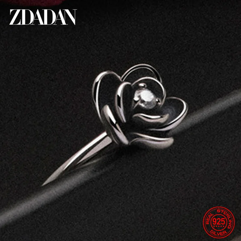 ZDADAN 925 Sterling Silver Charm Black Rose Flower Zircon Ring For Women Fashion Party Jewelry Gift Wholesale