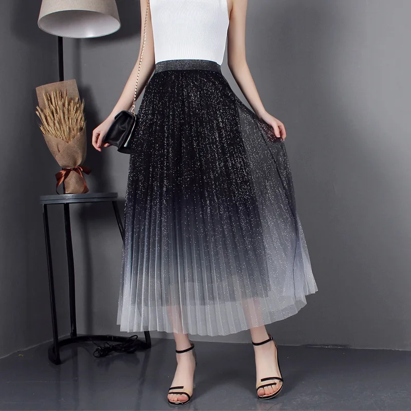 2020 Summer Fashion High-waisted Color-changing Pleated Mesh A-line Long Tulle Skirts Womens High Waist Vintage sexy lace Skirt