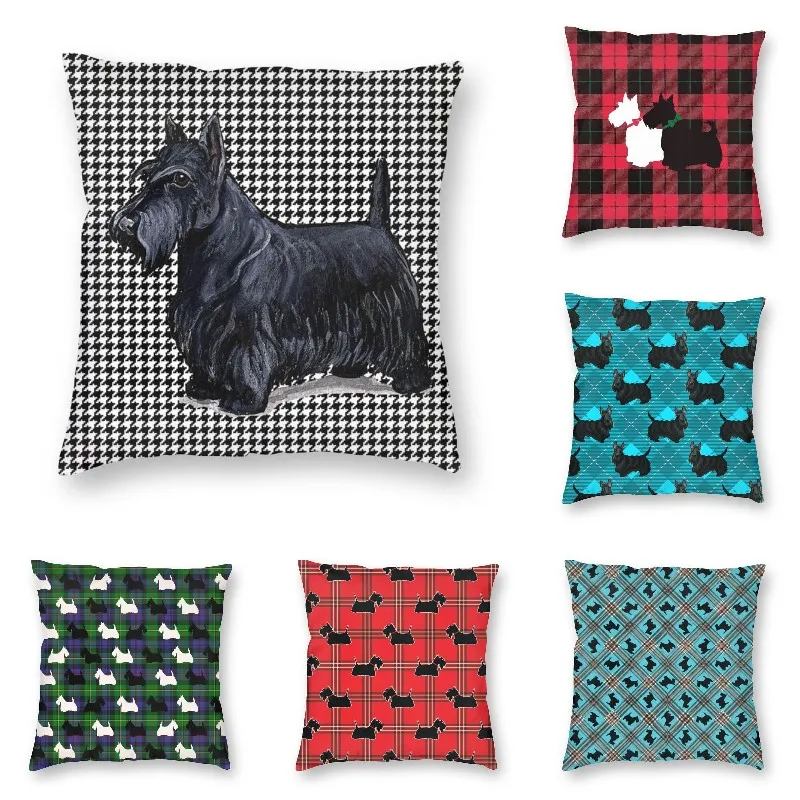 Scottish Terrier Houndstooth Plaid Tartan Print Square Pillow Case Home Decor Scottie Dog Cushion Cover Throw Pillow for Sofa