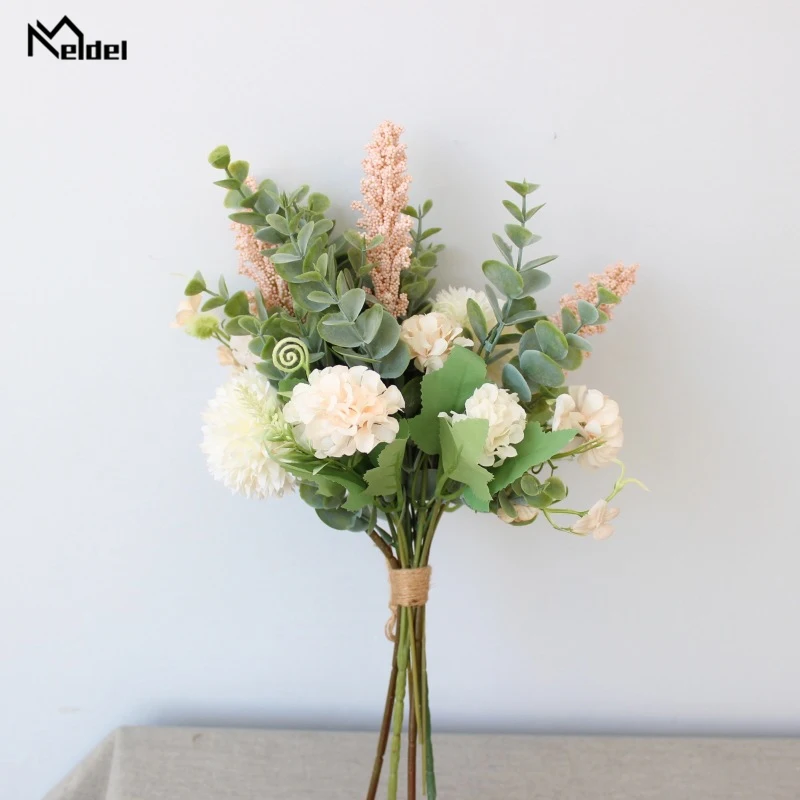 Meldel Wedding Flower Bouquet Bride Fortune Ball Artificial Silk Flower Bouquet Pompom Begonia Eucalyptus Leaf Wedding Bouquets