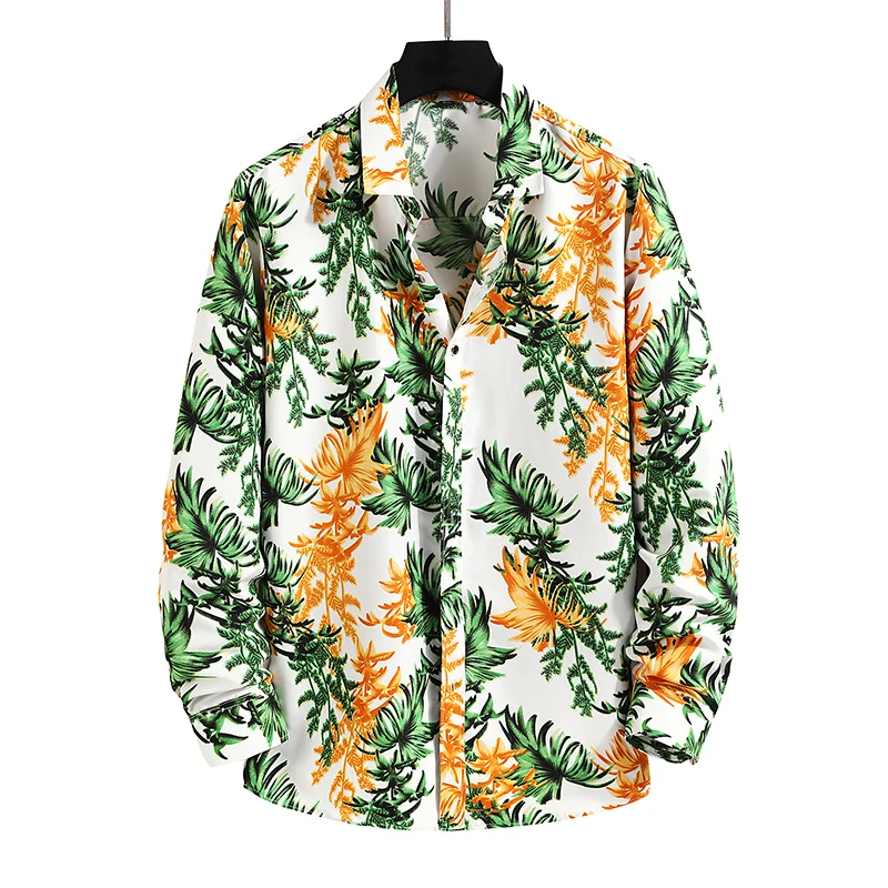 Men's Fashion Print Long Sleeve Shirt Plus Size 6XL 7XL Hawaiian Beach Casual Floral Shirts Men