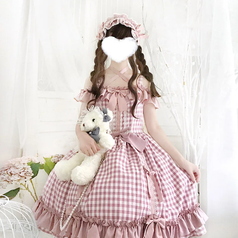 Prinzessin tee party rosa süße lolita kleid vintage spitze bowknot gitter viktorianischen kleid kawaii mädchen gothic lolita jsk loli cos