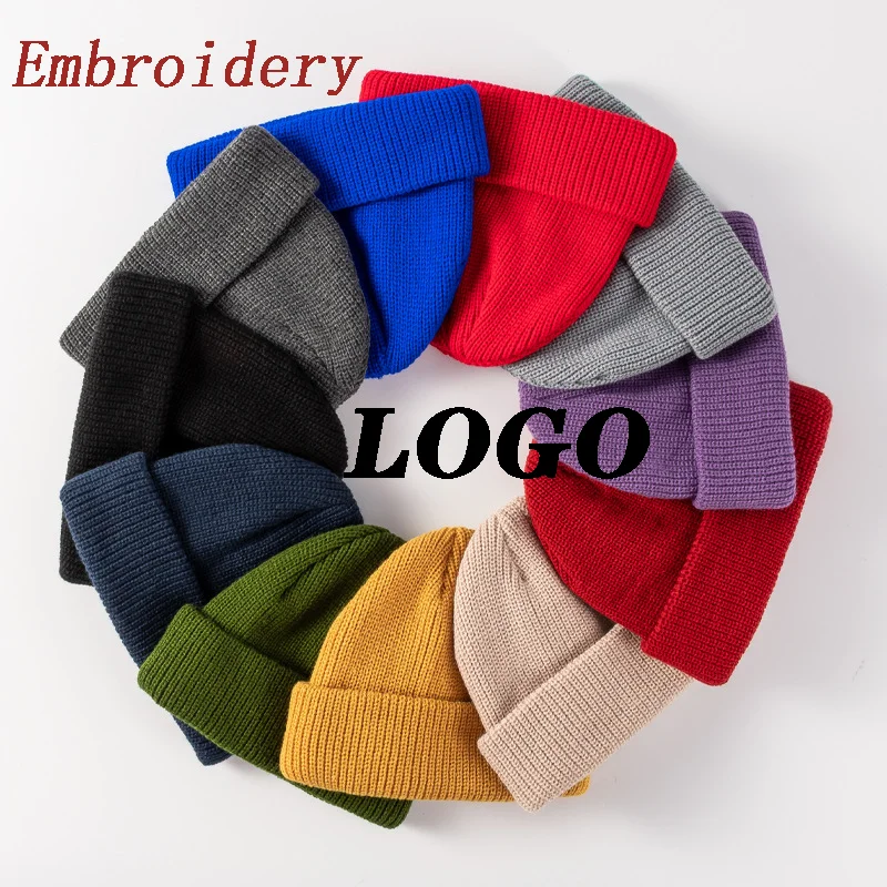 50PCS Winter Knitted Brimless Embroidery Hats Hip Hop Acrylic Casual Solid Street Knitted Hat Women Men Melon Cap With Logo