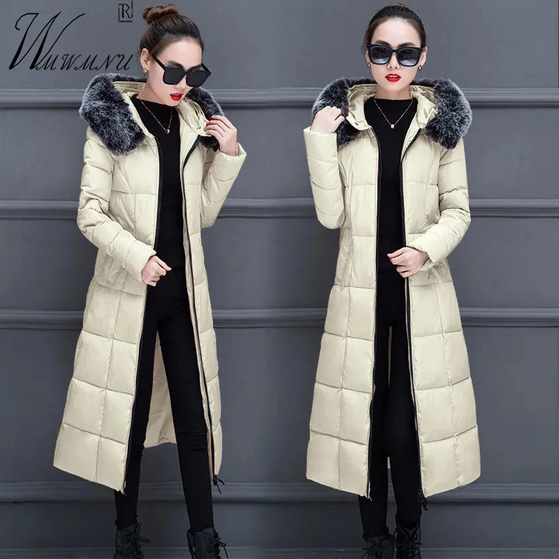 

Faux Fur Collar Hooded Winter Coats Women Elegant Slim Long Parkas Snow Warm Quilted Jacket Korean Zip Windproof Padded Overcoat