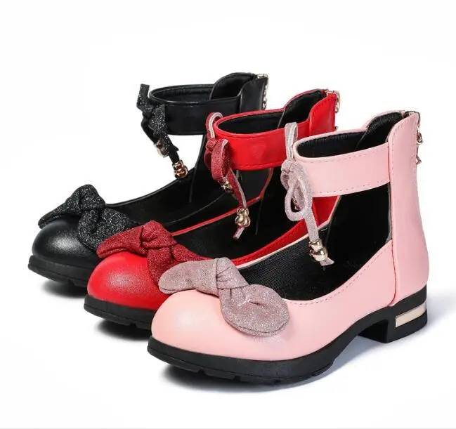 

Autumn winter Girl Party Princess leather shoes Toddler Bow Pink Pu Leather Shoes Children Low-heeled Kid Fashion Black Shoes