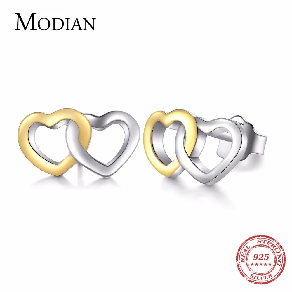 Modian 2021 New Style Real 925 Sterling Silver Double Hearts orecchini a bottone colore bianco e oro moda per gioielli da sposa da donna