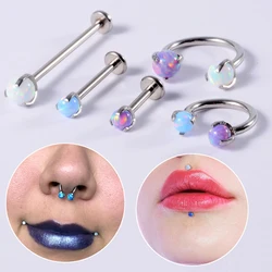 Surgical Steel Prong Set Opal ball Ear Cartilage Tragus Helix Earring Lip Stud Opal Circular Horseshoe Barbell Labret Piercing