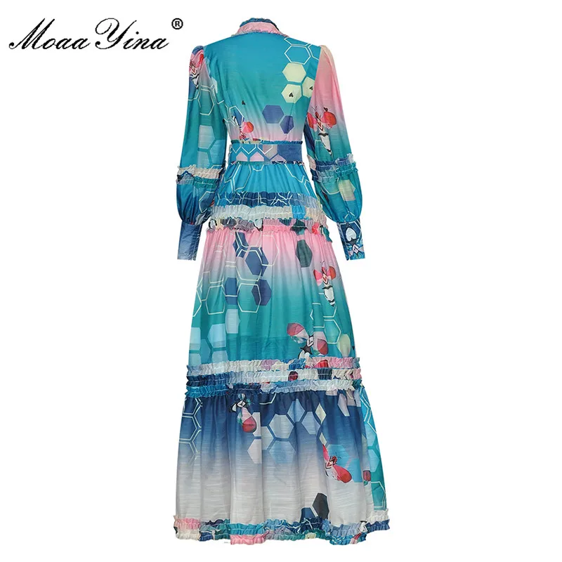 MoaaYina  Fashion Designer Autumn Dress Women's Lantern sleeve Single-breasted Sashes Multicolor Printed Vacation Long Dress