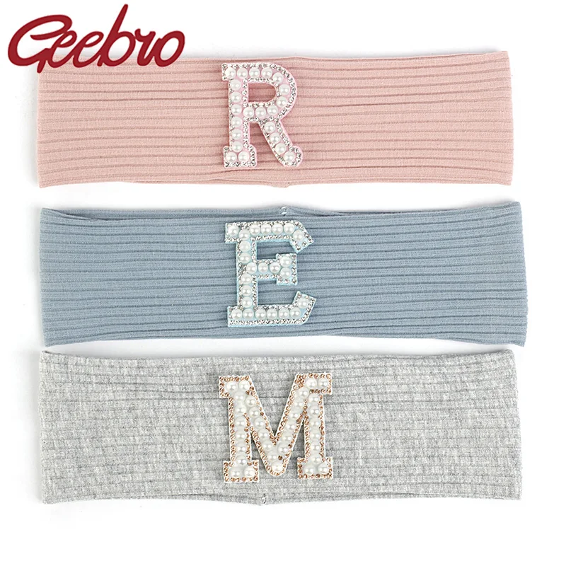 Geebro Boys Girls Fashion Pearl Letter Ribbed Headband Kids Solid Color Hair Band Children Elastic Head band Flat Headwrap