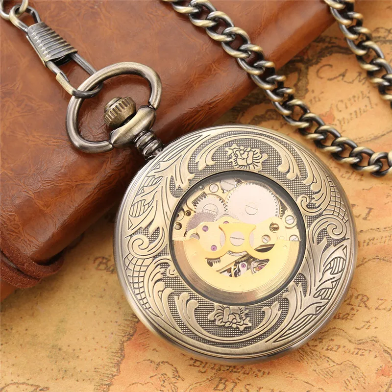 Steampunk Pocket Watch Lot Men Women Automatic Mechanical Clock Skeleton FOB Chain Roman Number Luminous Hands Half Hunter Gift