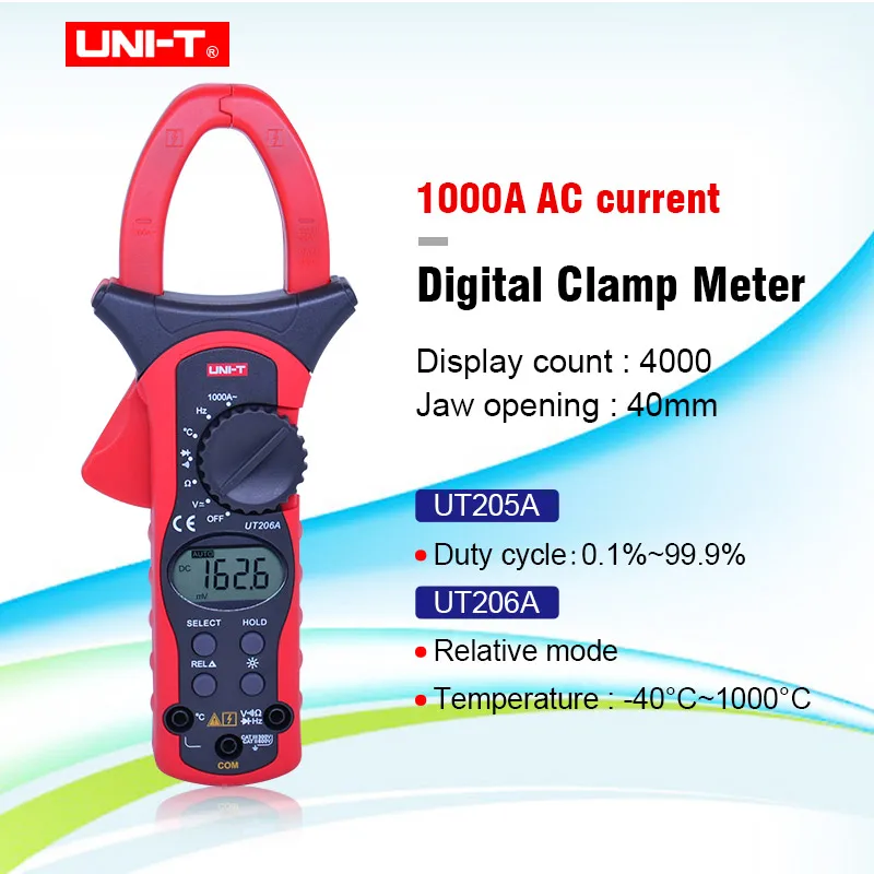 

UNIT UT205A/UT206A Auto Range 1000A Digital Clamp Meters Multimeters Voltmeter with LCD Backlight High current clamp meter