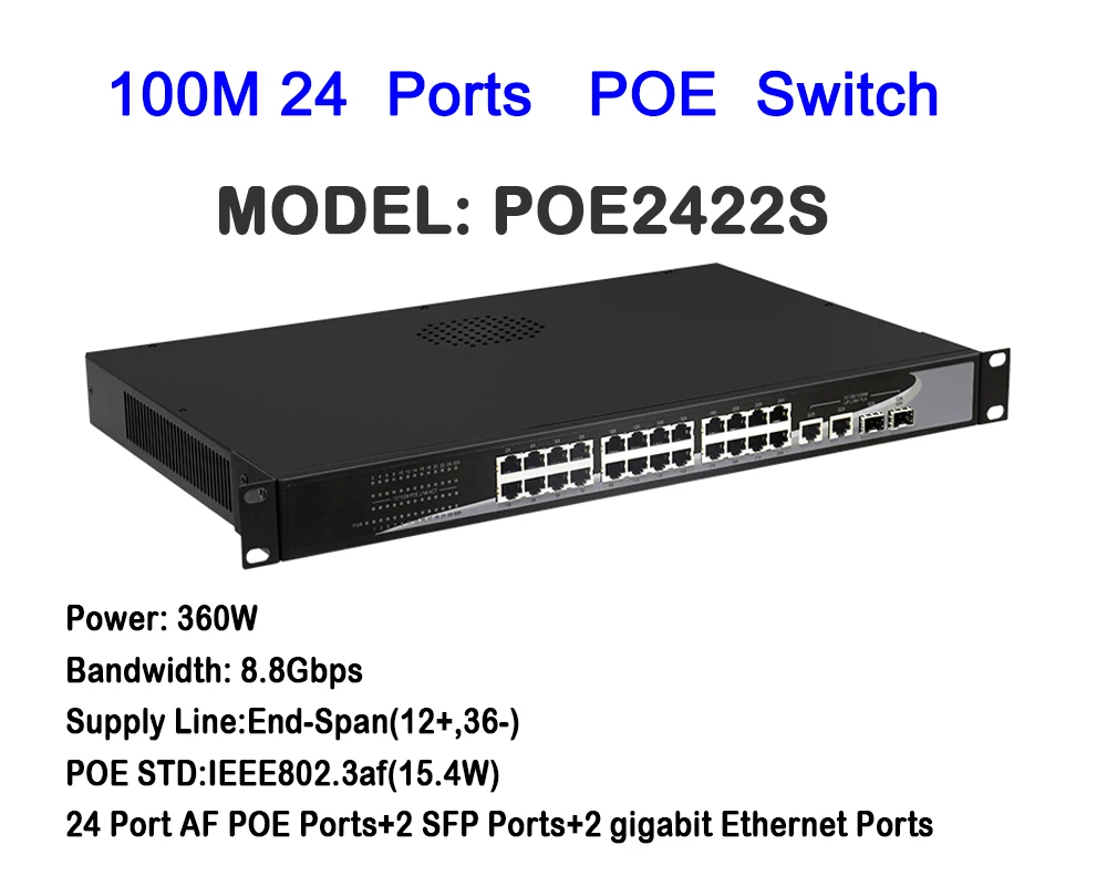 2 Gigabit Uplink Network Ethernet 24 Ports 360W PoE Switch 1U Chassis Rack Mount