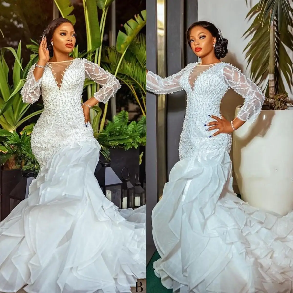 Gorgeous Ruffles 2022 Mermaid Wedding Dresses Sheer Neck Sequined Long Sleeve Beaded Bridal Gowns Tiered Skirts Vestido De Novia