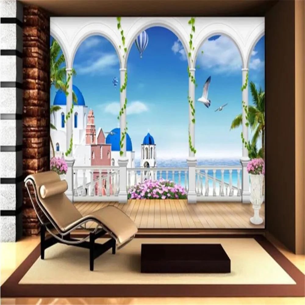 Milofi custom large wallpaper mural fantasy 3d blue sky and white clouds Santorini bedroom living room TV background wall