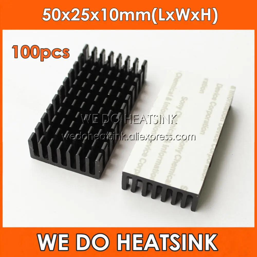 100pcs 50x25x10 mm Heatsink Aluminum Black Anodize Heat Sink Cooler With Thermal Tape For LM2596 LM2577 LM2587