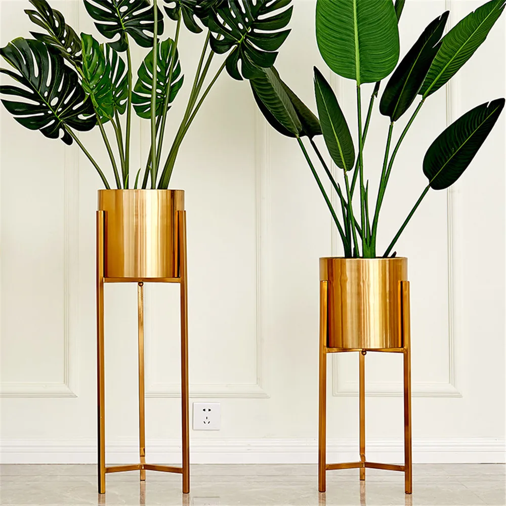 Luxury Golden Metal Flower Pot, Indoor Big Green Plant Stander, Living Room Flower Arrangement, Metal Home Decoration