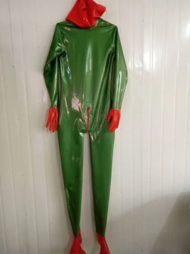 

Latex Rubber Unisex Catsuit Hood Metal green and Red Tights Suit Size XS~XXL