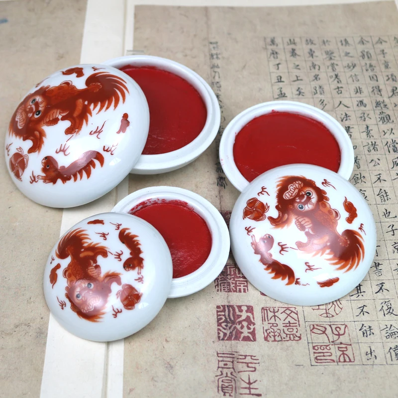 Red Ink Pad With Round Lion Carved Ceramic Box Calligraphy Signature Seals Name Stamp Cinnabar Pad Paper Box Packed