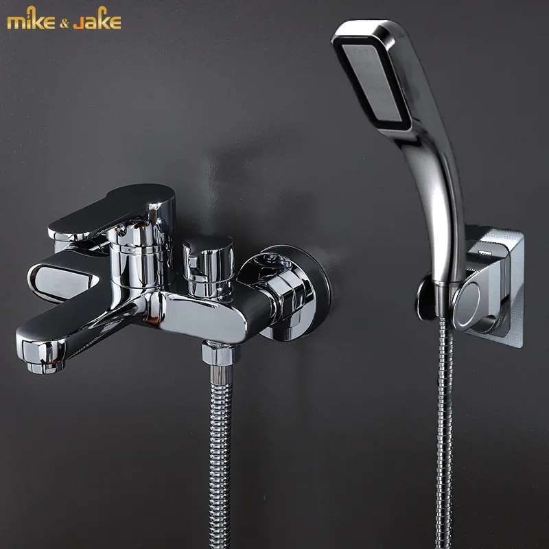 Bathroom chrome brass bathtub faucet kit set simple bath tap with hand shower kit wall brass shower mixer