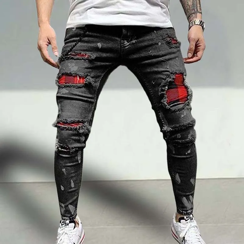 Men\'s Ripped Skinny jeans Patchwork Grid Stretch Casual Denim pencil Pants Man Fashion  paint painting Jogging Trousers male