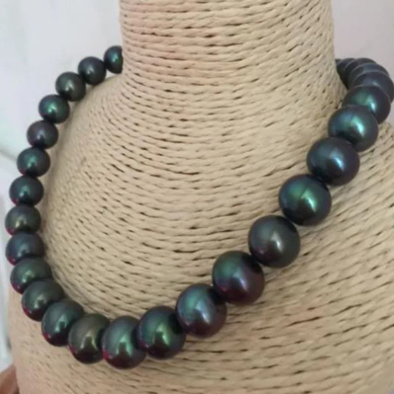 11-12mm freshwater black green pearl necklace 18inch 925silver