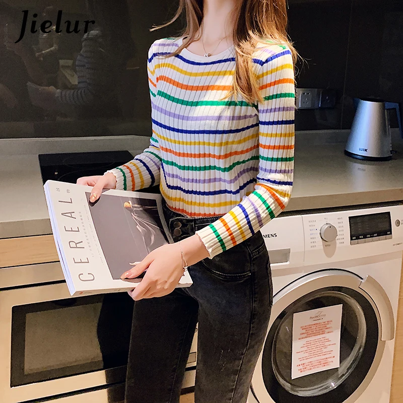 Jielur Autumn Colorful Striped Sweater for Women Fashion Korean Bottoming Shirt Slim O-neck Lady Sweaters Spell Color Knitwear