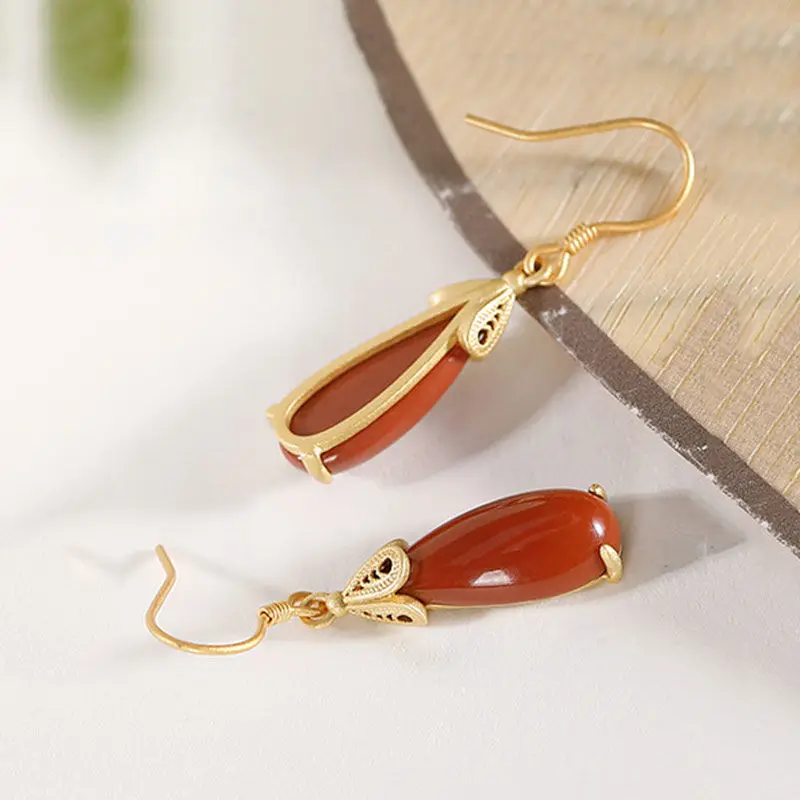 Designer unique original silver inlaid southern red tourmaline drop-shaped fashion and simple temperament ladies earrings