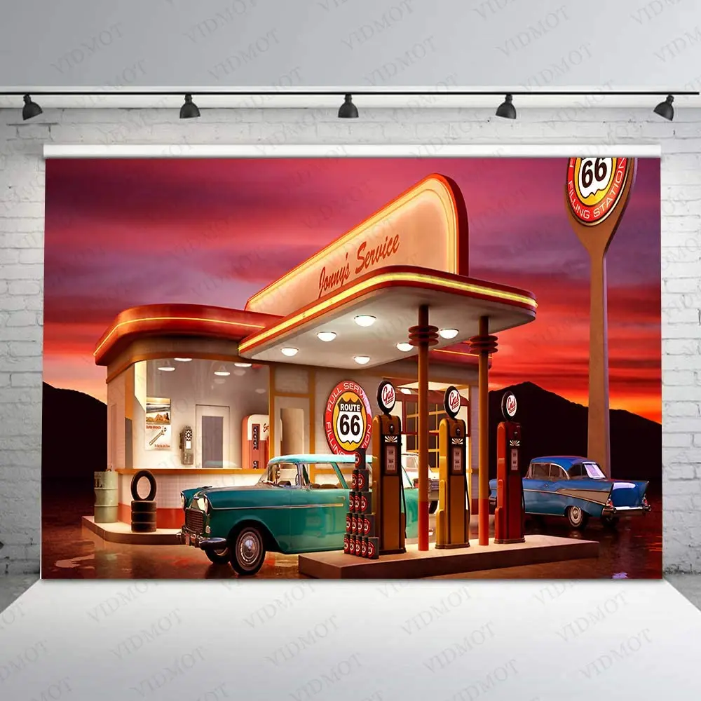 50s Backdrop Route 66 Gas Station Vintage Car Photography Background Photo Shooting Studio Props Party Decor