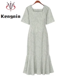 Summer 2025 plus Size 5XL Women's Square Collar Short Sleeve Dress Floral Mermaid Print Silm Fit Robe Style KE1601
