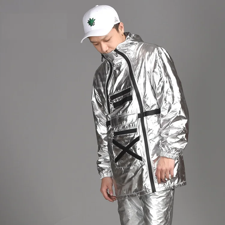 

Metallic Silver Hologram Jacket Hip Hop Cool Fashion Chic Boy's Coat Dance Stage Guitar Live Show Costume Hip Hop