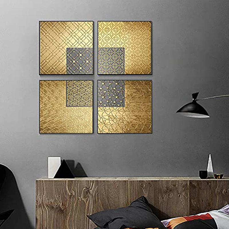 4 Pieces Abstract Square Modern Golden Grey Element Posters Canvas Wall Art Picture Home Decor Paintings for Bedroom Decorations