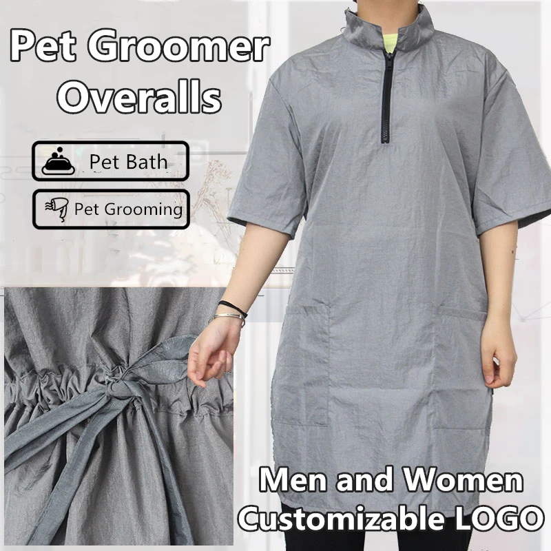 

Pet Grooming Gray Long Work Clothes Pet Shop Dog Cat Bath Waterproof Overalls Beautician Salon Apron Custom LOGO G0204