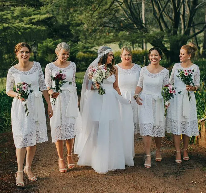 2019 billig Volle Spitze Brautjungfer Kleid Halbarm Garten Land Formale Hochzeit Guest Maid of Honor Kleid Plus Größe