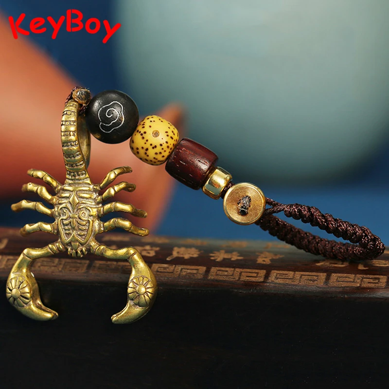 Pure Brass Vintage Solid Scorpion Figurine Car Keychain Pendant Jewelry Handmade Copper Animal Woven Rope Key Chain Ring Hanging