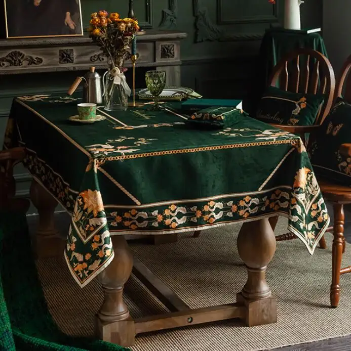 Light Luxury Dark Green Tablecloth American Retro Waterproof Cloth Velvet Tablecloth For Rectangular Table Cover Tea Table