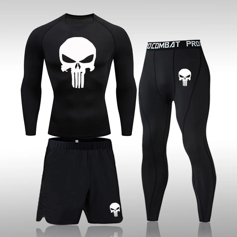 4XL MMA Men Compression Sets Tracksuit Skull Mens Sport Jogging Suit Running Set Rashgard Gym Clothing Men Fitness Workout Tight