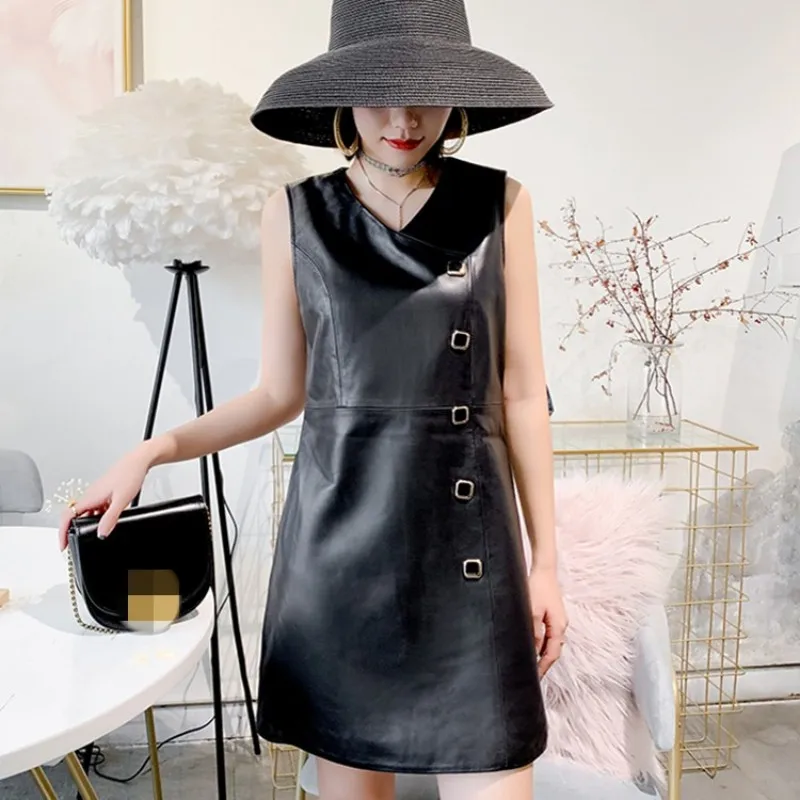 Fashion V-Neck Genuine Leather Short Dress Female Streetwear Slim High Waist Sleeveless Sheepskin A-Line Dress Black M-3XL