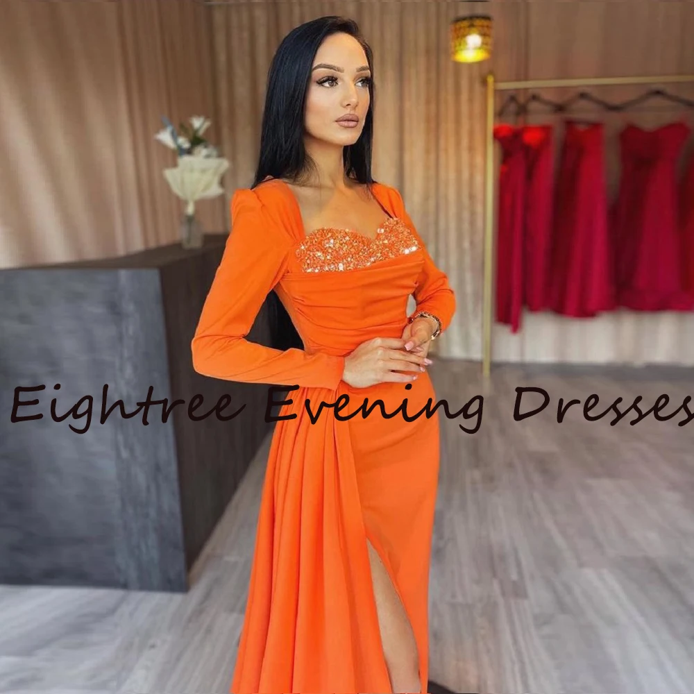 Eightree Orange Shiny Sequines High Side Slit Evening Dress A-line Long Sleeves Sweetheart Formal Night Dresses Party Gowns