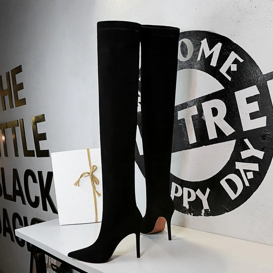 

BIGTREE Fashion Runway Stretch Fabric Sock Boots Pointy Toe Over-the-Knee Heel Thigh High Pointed Toe Woman Boots