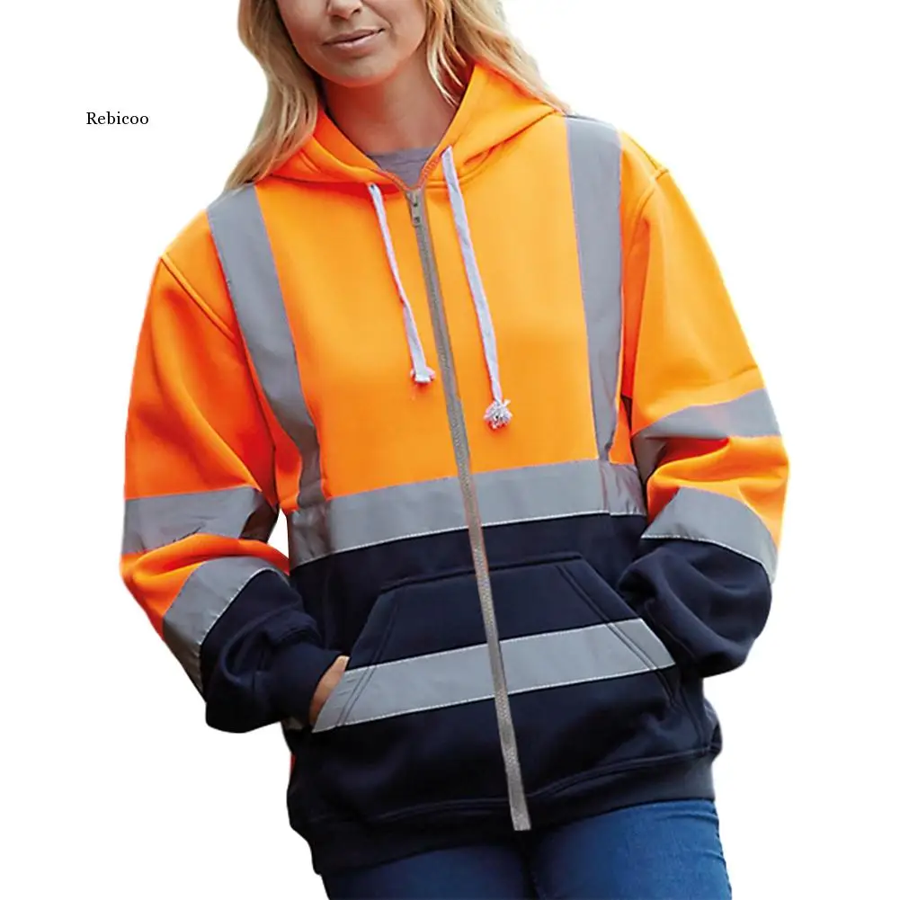 Men Women Workwear Coat Casual Safety Reflective Strip Hoodies Long Sleeve Jacket Unisex Fashion Hooded Zipper Tops Outwear