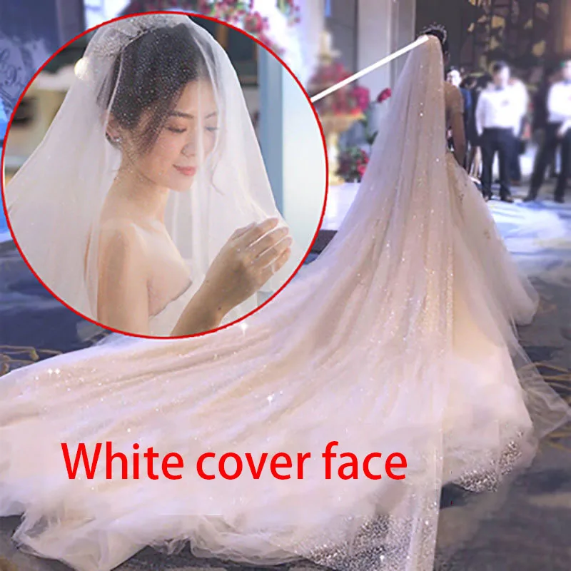 B58-L Sparkly Bling Bling Long Veils White Champagne Chapel Length Two Layer Bridal Veil with Comb Cover Face Wedding Veils