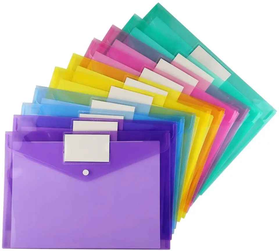 5pcs A4 Size Plastic Envelopes Clear Document File Envelope Folders with Label Pocket & Snap  for School Home Office Supplies