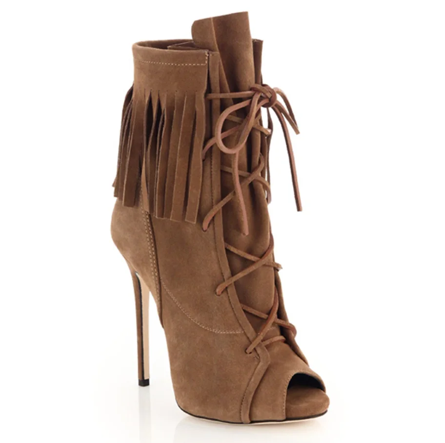 

Spring And Autumn Women Boots Fringe Decorationn Sexy Thin High Heel And Peep Toe Women Shoes Lace Up Ankle Women Boots