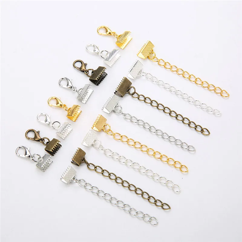 10set Flat Cord End Fastener Clasps With Extend Extension Chains Lobster Clasps End Connectors For Diy Necklace Jewelry Making